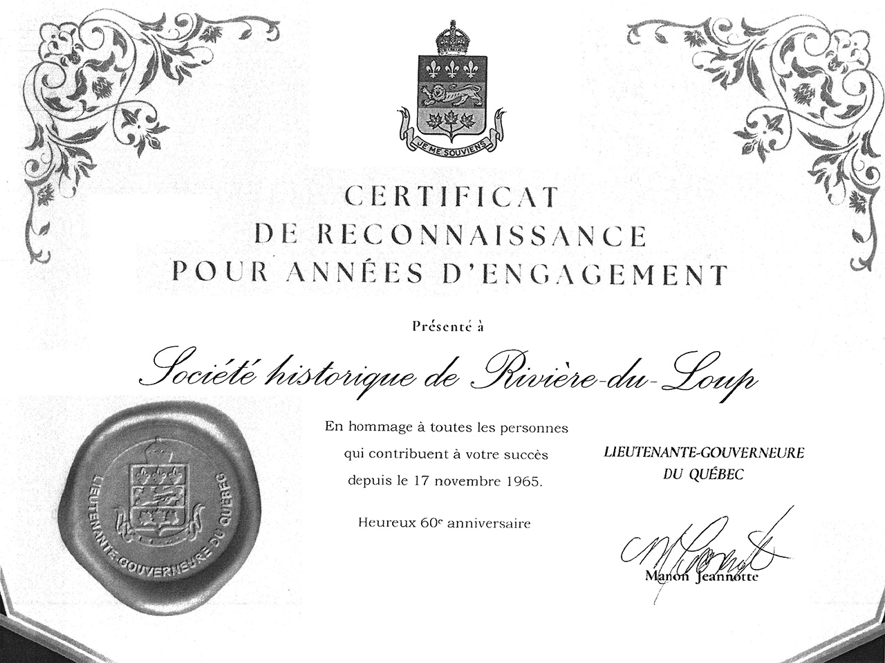 Certificat de la Lieutenante-gouverneure du Québec pour souligner les 60 ans de fondation de la Société